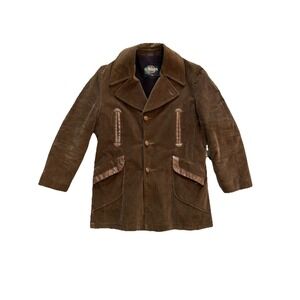 Vintage Grais Brown Corduroy Leather Trim Fleece‎ Lined Coat Union Made Men's 40